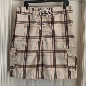 Merona Men’s Plaid Cargo Swim Trunks Board Shorts Cream Orange Brown Size Large
